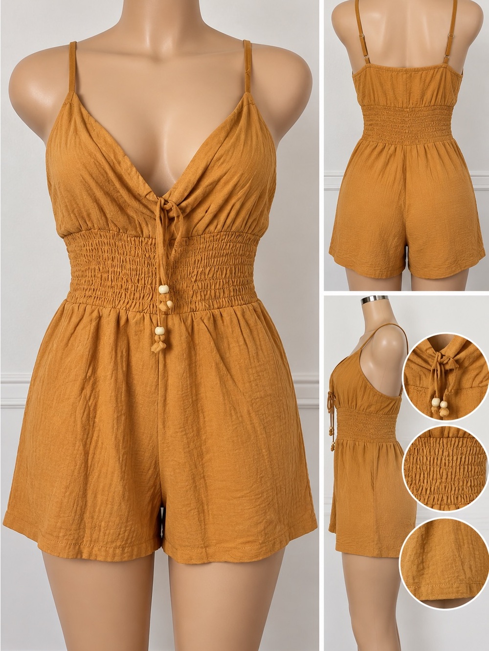 No Boundaries Mustard Spaghetti-Strap Smocked-Waist Romper